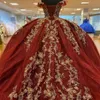 빨간 반짝이는 Quinceanera 드레스 골드 아플리케 볼 가운 반짝이 칵테일 드레스 vestidos de 15 Quinceanera 스팽글 이브닝 드레스