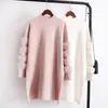 Casual Dresses Fashion Real Fur Sweater Dress Autumn Long Sleeve Splice Jumpers Women Sweaters Knitted Loose Clothing