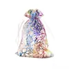 100 st 12x9cm Organza Drawstring Jewelry Candy Presentväskor Pouch med korallint tryck Wedding Party Favor Presentväska Bekväm och miljöpraktik