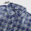 Men's Casual Shirts INFLATION Brushed Check Shirts Men Blue Plaid Long Sleeve Oversized Shirts Male Plus Size 230807