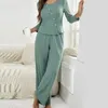 Vrouwen Tweedelige Broek Casual O-hals Knop Lange Mouw Blouses En Outfits Vrouwen Elegante Effen Losse Pakken Mode Homewear Sets