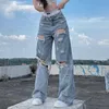 Herren Jeans Streetwear Gerade Hosen Damen Zerrissene Mittlere Taille Lose Breites Bein Y2K Sommer High Street Cargo 230807