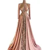 Pink High Neck Mermaid Prom Dresses Elegant Full Sleeve Party Dresses Lace Satin Floor Length Custom Made Evening Gown