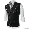 Coletes Masculinos Terno Colete Preto Gola com Lapela Zíper Curto Couro Moda Casual Estilo Punk Gilet Para Roupas Steampunk