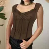 Women's Tanks Vintage Brown Lace Patchwork Tops Women Low Cut Square Neck Short Sleeve Slim T-shirt Lady Summer Casual Fashion Small Clothes