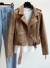 Women's Leather Faux Ftlzz Spring Autumn Women Jacket Slim Streetwear Khaki Coat Biker Moto with Belt Female Outerwear HKD230808