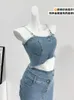 Vestidos de trabajo Verano Mujer Trajes de mezclilla Conjunto de 2 piezas Diseño Y2k Streetwear Camisole Crop Tops Midi Ripped Jean Faldas Gyaru Moda coreana