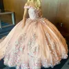 2024 szampan lśniąca księżniczka quinceanera sukienki z ramion koronkowe aplikacje 3D Flower Freading Crystal vestidos de 15 anos