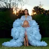 Afrikansk ljusblå moderskapsklänningsrockar för po shoot eller baby shower ruffle tyll chic kvinnor prom klänningar rufsar långärmad pho257o