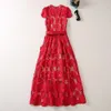 2023 Summer Red Solid Color Waist Belted Dress Short Sleeve Round Neck Midi Casual Dresses A3Q102216