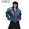 Mens Jackets FEWQ Niche Design Pleated Washed Hooded Jacket Shoulder Pad Outwear Male Fashio Denim Coats Autumn Casual Tops 9C677 230808