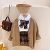 Conjuntos de roupas primavera outono meninas terno camisa de algodão suéter casaco saia plissada 3 pçs infantil jk suéter cardigã 230808