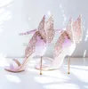 Sandales haut de gamme femmes rose papillon sandales métal talon aiguille métallisé découpes pompes Bling cristal célébrité chaussures de mariage 230807