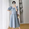 Moderskapsklänningar 6016# Summer Vintage Cotton Maternity Long Dress Overize Lose Straight Clothes For Pregnant Women Ruffle O Neck Pregnenidity HKD230808