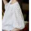 Blusas de mujer Bordado Algodón Cuello redondo Camisa de encaje Mujer Francés Vintage Puff Manga Blusa blanca Elegante Hollow Out Casual Tops Blusa