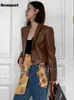 Skórzanie damskie Faux Nerazzurri Autumn Brown Cropped Blazer Women Długie rękawy pojedynczy przycisk Sprężyna Krótka czarna miękka kurtka HKD230808