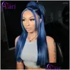 Lace Wigs Colored 13X6 / 13X4 Frontal Wig Dark Blue Straight Human Hair Transparent 5X5 Fermeture brésilienne pour les femmes noires Drop Deliver Dhaeb