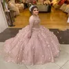 2021 Blush Pink Sparkly Paillettes Ball Gown Abiti Quinceanera Abiti da sposa Illusion Corsetto con lacci Maniche lunghe Sweet 16 Dress Wi289d