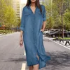 Kvinnors blusar eleganta denim casual maxi skjorta blus fast knäppt fickkrage halv ärm lös lång klänning blusa mujer