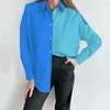 Blusas Femininas Camisa de Cor Sólida Camisas de Botão com Lapela Camisas de Escritório Blusa Feminina Vintage Solta Colorblock Tops Up
