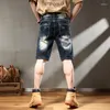 Men's Jeans Men Ripped Denim Shorts Stretch Dark Blue Hip Hop Straight Fit Embroidered Patchwork Summer Oversized 40