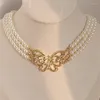 Choker Bling Medieval Multi Layer Chain Pearl Rhinestone Butterfly Temperament Necklace for Women retro Creative Athetic Accessories