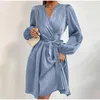 Robes décontractées femmes élégantes lanterne à manches longues Robe à lacets col en v tache printemps bureau dames mode Robe ample vêtements féminins