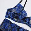 Gonna sexy Yimunancy Set di biancheria intima con ricami floreali in 3 pezzi Donna Kit di giarrettiera vintage blu erotico 230807