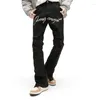 Heren Jeans Mode Letter Gedrukt Ripped Lente Zomer Rechte Katoen Stretch Denim Broek Jeugd Mannelijke Casual Slim Fit Broek