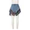 Skirts Streetwear For Woman Sexy Irregular Plaid Paneled Denim Mini Skirt Summer Patchwork Vintage Jeans Female Y2k Short Dress