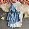 Maternity Dresses Spring fashion irregular denim stitching long-sleeved shirt Dress Female suit Dress personality stitching dress fashion Women HKD230808