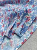 Designer tweedelige set met geplooide, zoete bloemenprint, puur katoenen ruche top en rok designer dameskleding