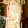 Etniska kläder Autumn Elegant Satin Round Neck Floral Print Big Sleeve Cheongsam Vestido Chino Mujer Vintage Party aftonklänning Robe
