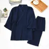 Vêtements de nuit pour hommes Hommes Long Slve Pyjamas Printemps V-Neck Cotton Solid Nightwear Plus Size Loose Slpwear 2 Piece Lounge Set Gaze Kimono Suit 2023