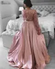 Pink V-Neck Long Sleeve Formal Dress Women Elegant Sequin Bodice Satin A-Line Plus Size Evening Prom Dresses Robe Soiree Dubai