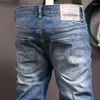 Męskie dżinsy europejskie mody vintage mody retro niebieskie elastyczne szczupły dopasowanie podarte spodnie Plain Wash Designer Denim Pants Hombre