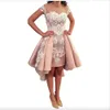 2023 Champagne Pink Scoop Homecoming Tail Party Robe Lace Appliques High Low Prom Vestidos de Fiesta Robes OCN spéciales formelles plus taille 0509