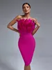 Urban Sexy Kleider Rosa Verbandkleid Frauen Feder Partykleid Figurbetont Elegant Midi Sexy Trägerlos Abend Geburtstag Club Outfits Sommer 230807