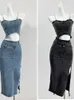 Vestidos de trabalho Verão Feminino Roupas Denim 2 Peças Cenografia Y2k Streetwear Camisola Crop Tops Midi Ripped Jean Saias Gyaru Moda Coreana