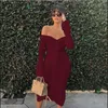 Imcute Front Drawstring Sexy Bandage Women Maxi Dress Slash Neck Long Flare Sleeve Club Party Autunno Inverno Off Shoulder Dress T230808