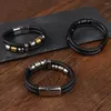 Bracelets porte-bonheur Punk acier inoxydable pour hommes boucle magnétique multicouche en cuir véritable Bracelet tressé noir bijoux à breloques cadeau