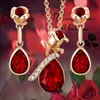 Bruiloft Sieraden Sets Luxe Mode Ruby Rose Bloem en Druppelvorm Hanger Ketting Oorbellen Set voor Vrouwen Verjaardagscadeau 230808