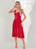 Lässige Kleider Damen Midikleid Spitzenbesatz Ärmellos V-Ausschnitt Bustier Split A-Linie Sommer Bohemian Sexy Retro Streetwear