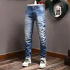 Męskie dżinsy europejskie mody vintage mody retro niebieskie elastyczne szczupły dopasowanie podarte spodnie Plain Wash Designer Denim Pants Hombre