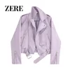 Femmes Vestes Personnalisé Mode Zipper Décoré Violet Biker Porter En Cuir Artificiel PU Rue Casual Manteau Moto Veste Tendance 230808