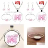 Oorbellen Ketting Set Roze Borstkanker Awareness Po Glas Bolle Vrouwelijke Sieraden Tibet Sier Ketting Oorbel Armband Drop De Dhgarden Dhxst