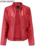 Women's Leather Faux Leather Women's Elegant Stand-up Collar Solid Jacket 2022 Female Three-dimensional Pattern Coat S-4XL New Pu Faux Leather Jacket Women HKD230808