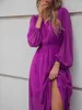 Casual Dresses Women Fall V Neck Solid Color Long Sleeve High midje Purple Tie Dress for Ladies Fashion All Match