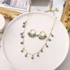 Ketting Oorbellen Set MANDI Groothandelsprijs Boho Dames Van Twee Blauw Natuursteen Ingelegd Verguld Kleurvast