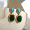 Boucles d'oreilles pendantes AENSOA Vintage bleu vert pierre goutte pour les femmes texturé couleur or métal géométrique deux tons rétro bijoux